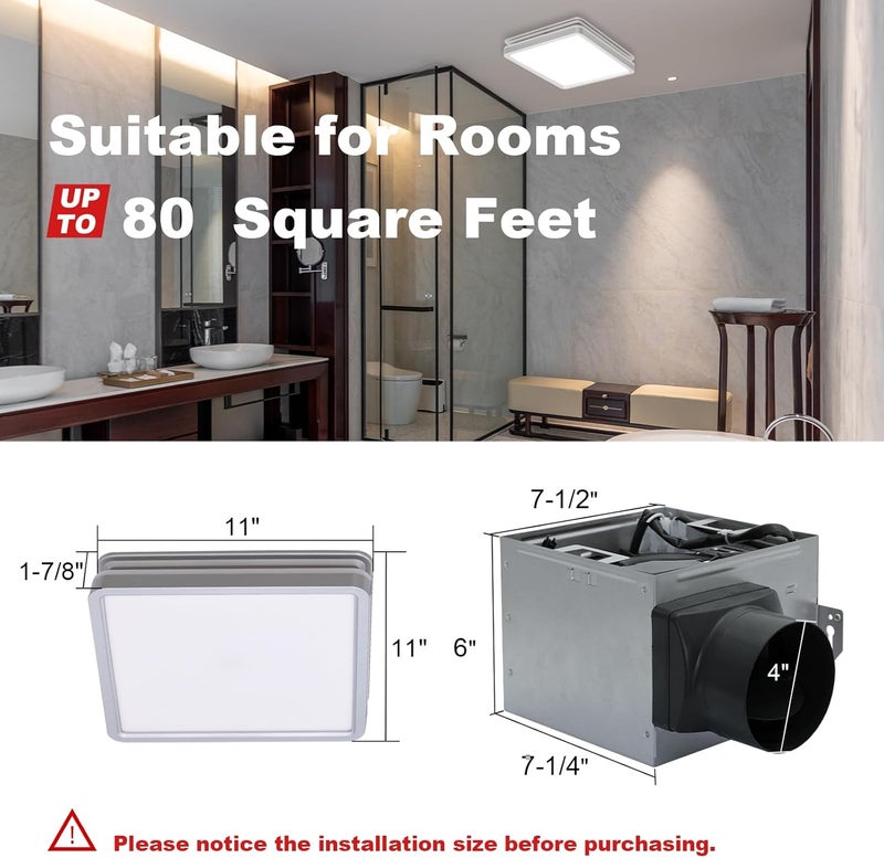 Akicon Bathroom Exhaust Fan with Shower Light, 15W Dimmable 3CCT LED with 3.5W Night Light Vent Fans, 80 CFM, 2 Sones Bath Fan Light Combo for Bathroom and Home, Square, Silver - Image 5